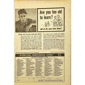 ICS "Are you too old to learn?" Never Too Late- ICS Courses Vtg Print Ad 1954